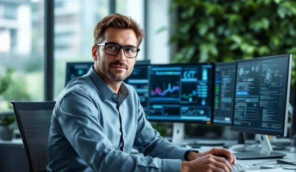 IT-systeembeheerder in moderne kantooromgeving met meerdere schermen en plantenwand; focus op technologie en duurzaamheid.