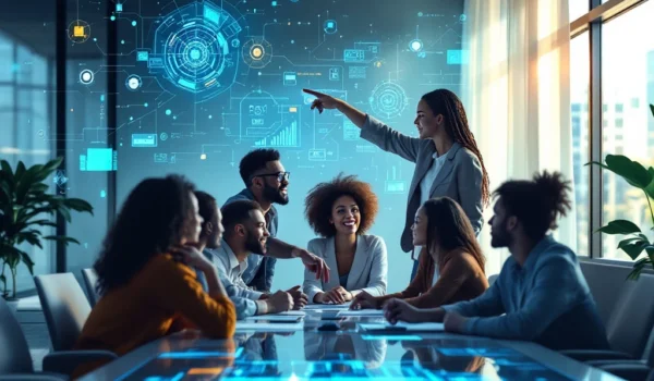 Een divers IT-team vergadert rond een moderne tafel, met een scherm vol IT-diagrammen, in een lichte ruimte die samenwerking uitstraalt.