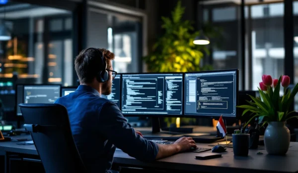Java Developer in een modern kantoor, gefocust op code. Nederlandse elementen zoals een vlag en tulpen. Innovatie en precisie.