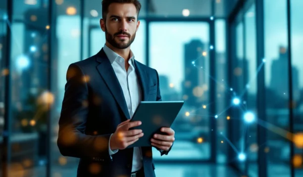 Zakelijke professional met tablet in moderne kantooromgeving, symboliseert expertise en connecties van top recruitmentbureaus in marketing.