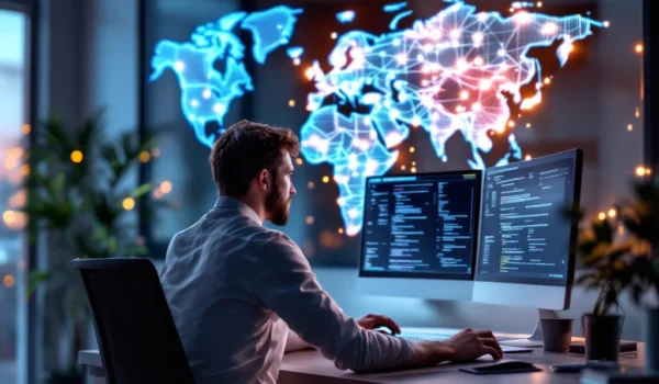 IT-professional werkt aan code in modern kantoor met wereldkaart en netwerkverbindingen. Blauwe en groene tinten symboliseren professionaliteit.