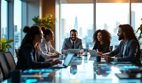 Een divers team bespreekt IT-recruitment rond een modern conferentietafel, met een stad op de achtergrond en technologie-elementen.