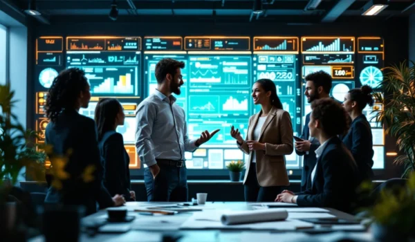 In een modern kantoor overlegt een divers IT-team. Centraal staat een systeembeheerder met schermen vol data, omgeven door subtiele energie-elementen.