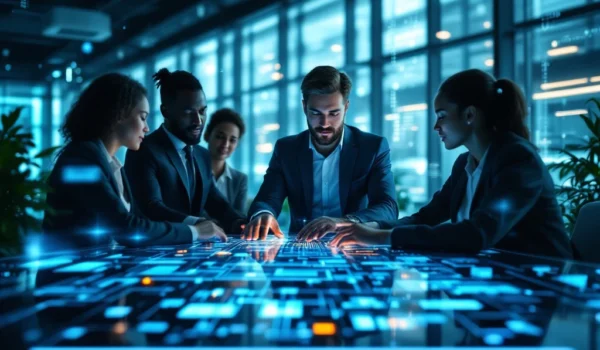 Een moderne kantooromgeving met diverse IT-professionals rond een digitale tafel, omgeven door technologie en natuurlijk licht.