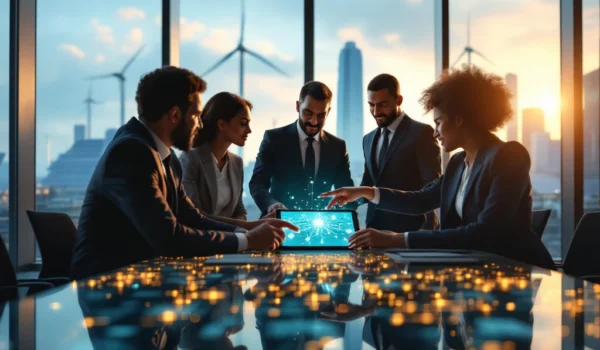 Een divers team in een modern IT-kantoor bespreekt een tablet met netwerkverbindingen. Achtergrond toont stad met zonnepanelen en windturbines.