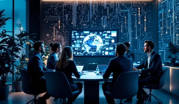 Een diverse groep IT-professionals bespreekt futuristische wervingshulpmiddelen in een modern kantoor met technologische accenten.