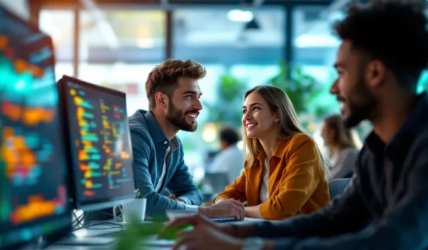 Een moderne kantooromgeving met diverse IT-professionals in overleg, werkstations met code en een palet van koele blauwen en groenen.