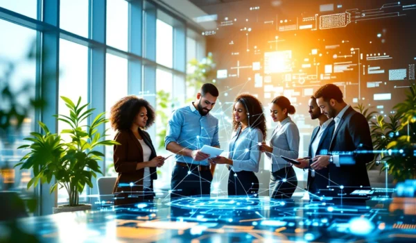 Een diverse groep professionals werkt samen rond een digitaal scherm in een modern kantoor, met natuurlijke lichtinval en groene planten.