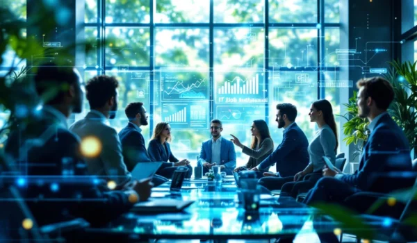 Een diverse groep professionals bespreekt IT-trends rond een digitaal scherm in een modern kantoor met tech-elementen en natuurlijke lichtinval.