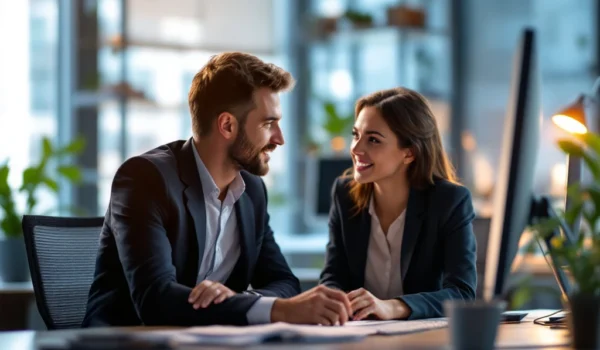 Moderne kantooromgeving met coachingssessie; adviseur biedt professionele begeleiding in IT, met blauwe en groene tinten voor vertrouwen.