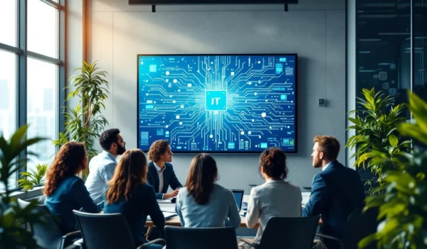 Een diverse groep professionals bespreekt IT-netwerken rond een scherm in een modern kantoor, symbool voor IT-talentwerving.