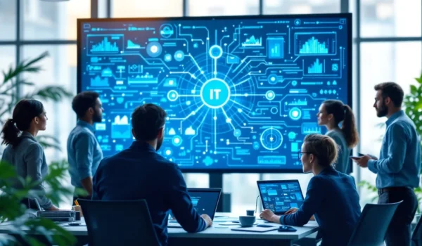 Een divers team bespreekt IT-netwerkdiagrammen in een modern kantoor, met focus op een systeembeheerder die data analyseert op een laptop.