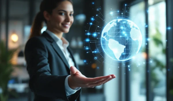 Een moderne kantooromgeving met een recruiter en AI-interface in zachte verlichting, symboliserend mondiale talentacquisitie en innovatie.