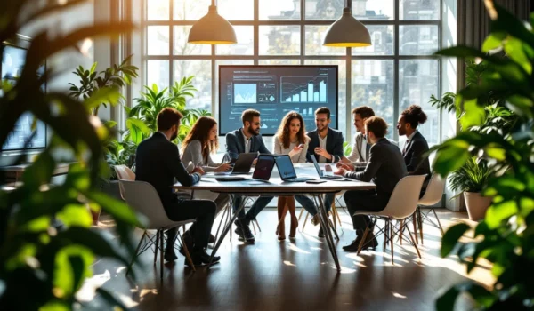 Modern kantoor in Amsterdam met diverse professionals aan een tafel, omgeven door technologie en planten. Vertrouwen en innovatie uitstralend.