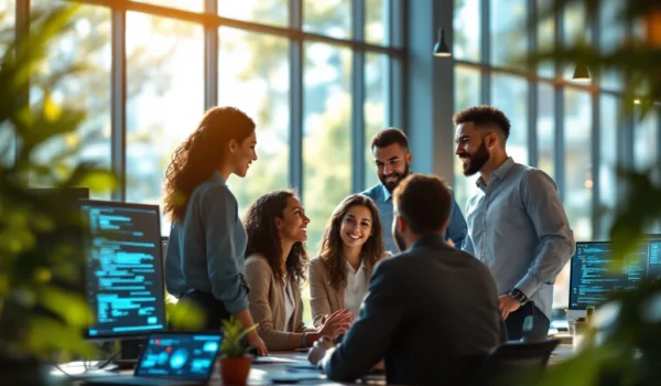 Een moderne kantooromgeving met een divers team in overleg, symboliserend IT-recruitment, technologie en duurzaamheid.