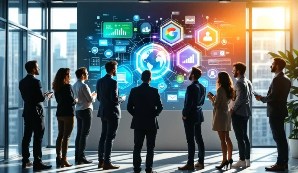 Een diverse groep professionals overlegt bij een digitaal scherm met IT-recruitment data in een modern, licht kantoor van Search X Recruitment.