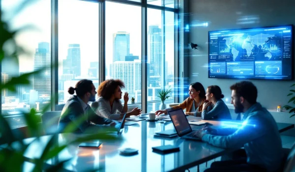 Een moderne kantooromgeving met diverse IT-specialisten in overleg, omringd door technologie en stadszicht, symboliseert innovatief werven.