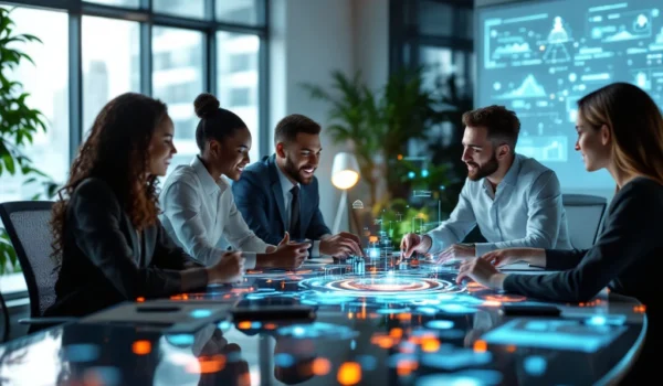 Een diverse groep professionals bespreekt holografische data in een modern kantoor, belicht door daglicht, met een high-tech sfeer.