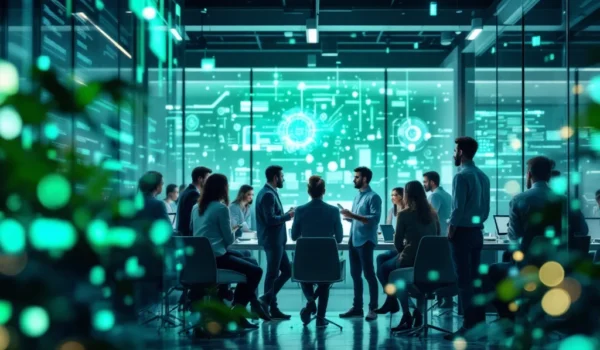 Een moderne kantooromgeving met diverse professionals in overleg, met digitale elementen en groene tinten, symboliseert innovatie.
