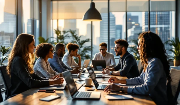Een moderne kantooromgeving met diverse professionals in overleg, omgeven door technologie en natuurlijk licht, met uitzicht op een stad.