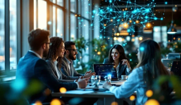 Moderne kantooromgeving met diverse IT-professionals in overleg, belicht door natuurlijk licht en digitale netwerkelementen.