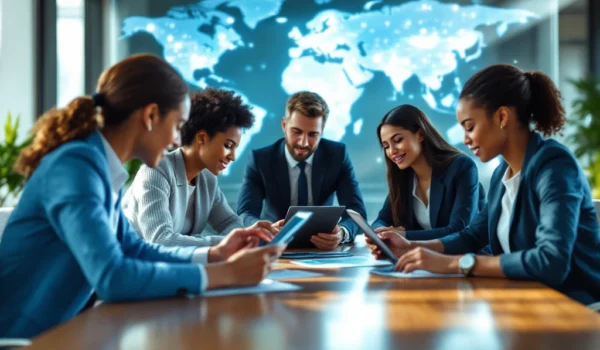 Een diverse groep recruiters bespreekt data aan een conferentietafel in een modern kantoor met veel natuurlijk licht en een wereldkaart.