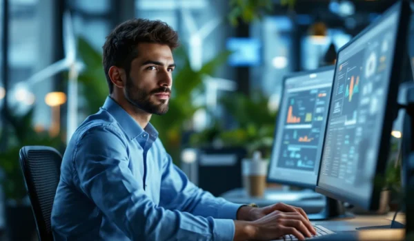 Een professional aan een modern bureau met IT-apparatuur, gefocust werkend, omlijst door duurzame elementen zoals windturbines.