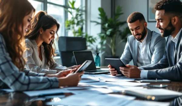 Technisch recruiters in een modern kantoor reviewen CV's aan tafel, omringd door laptops, diversiteit en natuurlijke verlichting.