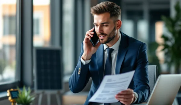 Recruiter in een modern kantoor, aan de telefoon met CV in hand. Symbolen voor IT, energie en techniek tonen branchefocus.