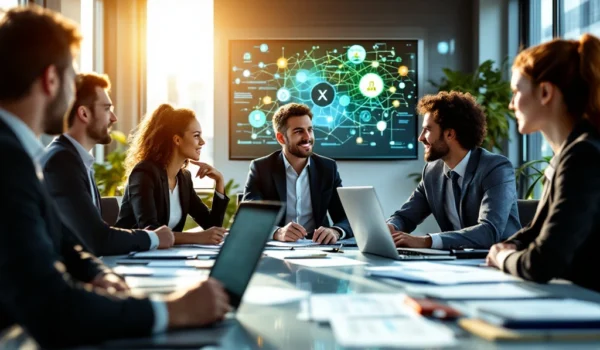 Recruiters in een moderne kantooromgeving bespreken samenwerking rond een tafel, omgeven door laptops en documenten. Zonlicht valt binnen.