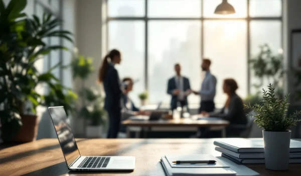 Serene kantooromgeving met een HR-afdeling, professionals in overleg, symbolen van HR en een kalme kleurenpalet van blauw en aardetinten.