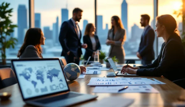 Een diverse groep professionals overlegt in een modern kantoor met stadzicht. Laptops tonen technische diagrammen. Blauw en groen kleurenpalet.