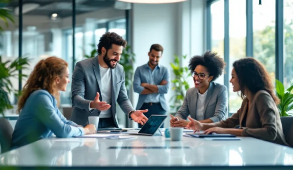 Een diverse groep professionals in een modern kantoor bespreekt IT-vacatures, omringd door futuristisch decor en veel natuurlijk licht.
