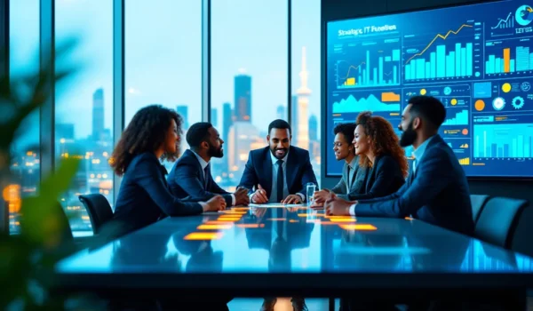 Een diverse groep professionals bespreekt IT-wervingsstrategieën rond een moderne tafel, met een stad op de achtergrond en digitale data.