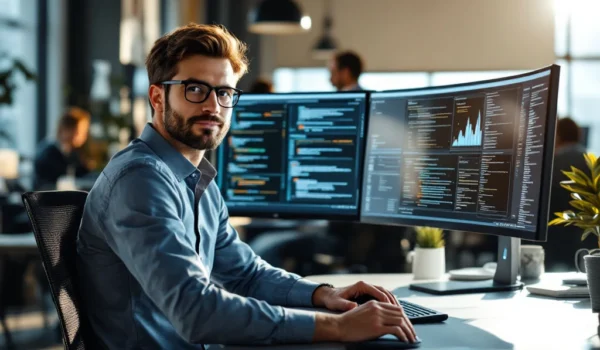 Systeembeheerder aan bureau met monitors en code, in verlichte kantooromgeving met collega's. Kleurtonen: blauw, grijs, wit.