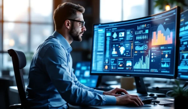 Systeembeheerder in moderne kantooromgeving, gefocust op scherm met netwerkanalyses. Professionele sfeer met blauw-grijze tinten.