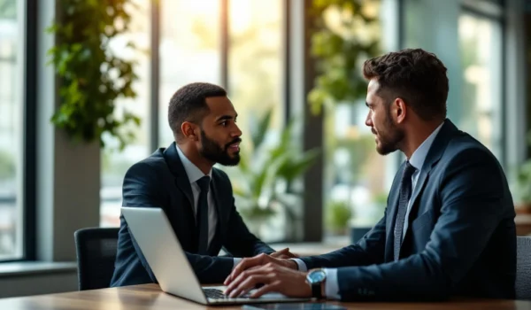 Systeembeheerder in gesprek in modern kantoor met laptop en netwerkdiagrammen, voor Search X Recruitment, met focus op duurzaamheid.