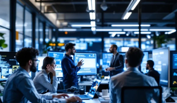 Een moderne IT-kantooromgeving met diverse professionals, monitors met complexe data en een focus op teamwork en technische vaardigheden.