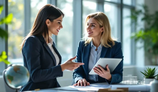 Twee professionele vrouwen in een moderne kantooromgeving bespreken projectmanagement, met symbolen van wereldwijde reikwijdte en innovatie.