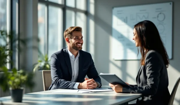 Recruiter en kandidaat in gesprek in een modern kantoor, met zonlicht door ramen en een whiteboard op de achtergrond.