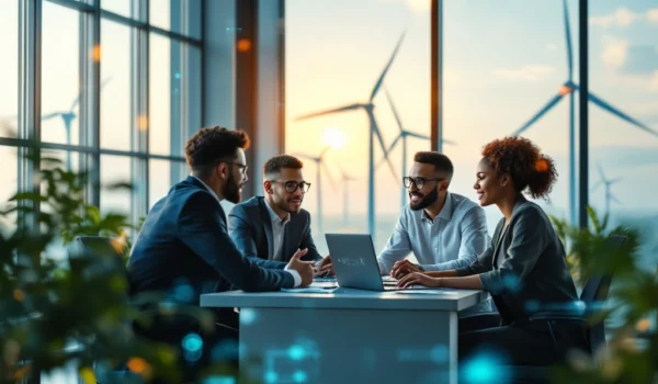 Een diverse groep professionals overlegt in een modern kantoor met IT- en windenergie-elementen, belicht door natuurlijk licht.