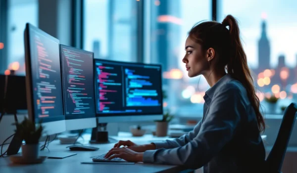 Java Developer aan het werk in een modern Amsterdams kantoor, omringd door monitoren met Java-code, in een lichte en professionele omgeving.