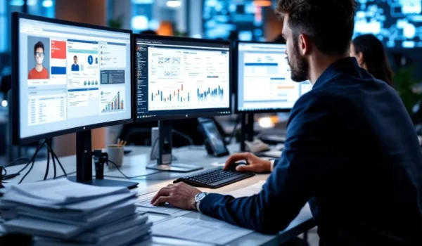 IT-recruiters analyseren kandidaatprofielen op computerschermen in modern Nederlands kantoor met technische cv's op bureau