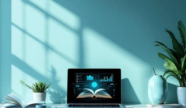 Werkruimte met strategisch pad: doelgroepanalyse, storytelling, call-to-action en meetbare resultaten verbonden door kleurrijk lichtpad.