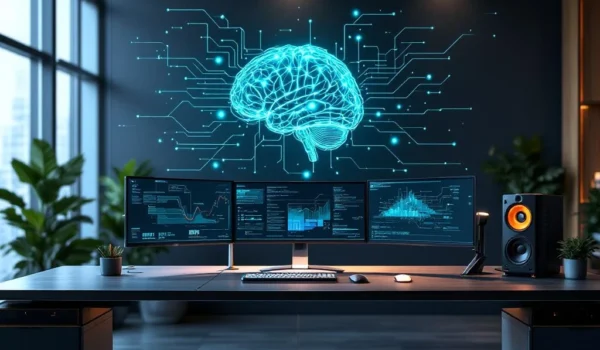 Moderne AI-ingenieur werkstation met meerdere monitoren die neurale netwerken en datavisualisaties in blauw en groen tonen