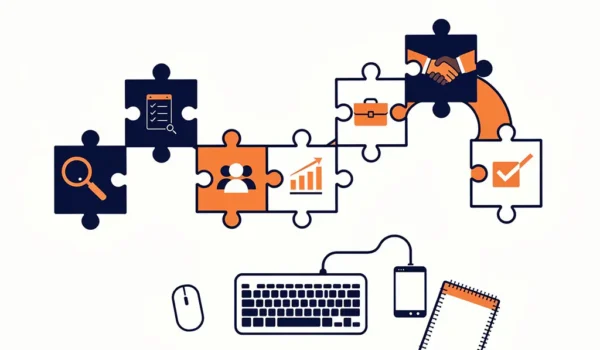 Puzzelstukken met recruitmentpictogrammen zweven boven moderne bureau, verbonden in vloeiende sequentie van kandidaatsourcing tot plaatsing