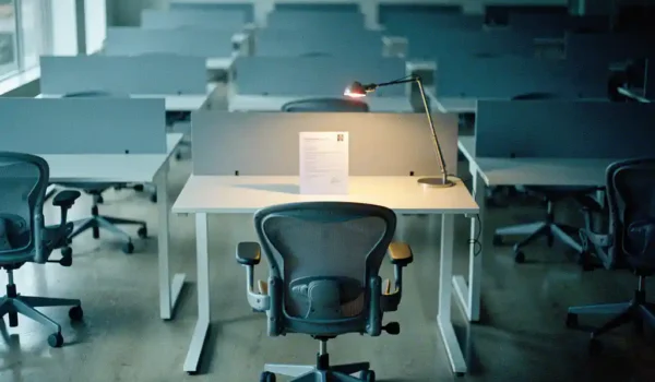 Lege bureaustoel voor een staand bureau met een sollicitatiemap in een verlaten open kantoor in Amsterdam-stijl.