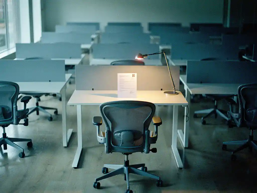 Lege bureaustoel voor een staand bureau met een sollicitatiemap in een verlaten open kantoor in Amsterdam-stijl.